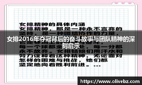 女排2016年夺冠背后的奋斗故事与团队精神的深刻启示